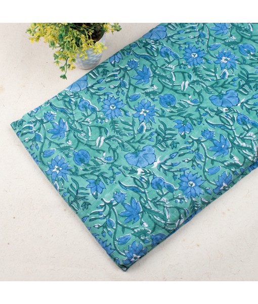 Handmade Light Green Multi Floral Block Printed Fabric Dress Material