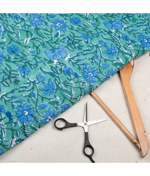 Handmade Light Green Multi Floral Block Printed Fabric Dress Material