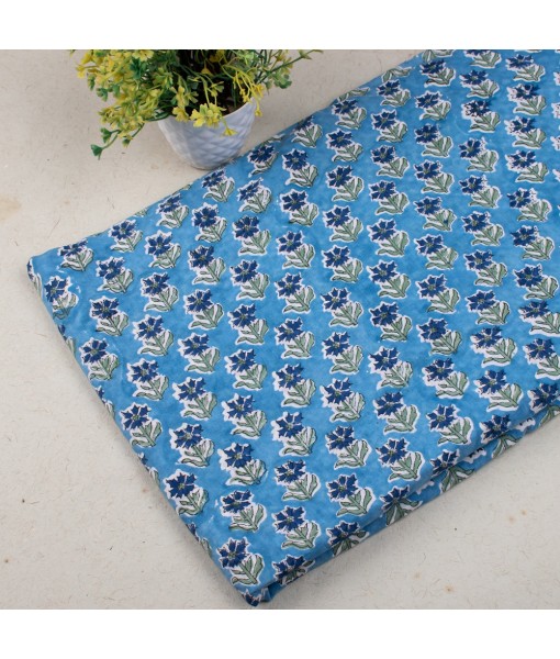 Hand Block Printed Cotton Multi Floral Azure Blue Fabric
