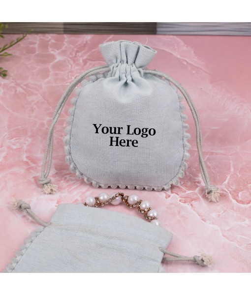Grey Designer Cotton Pouches & Bags For Packaging, Wedding Favor Bags With Brand Logo