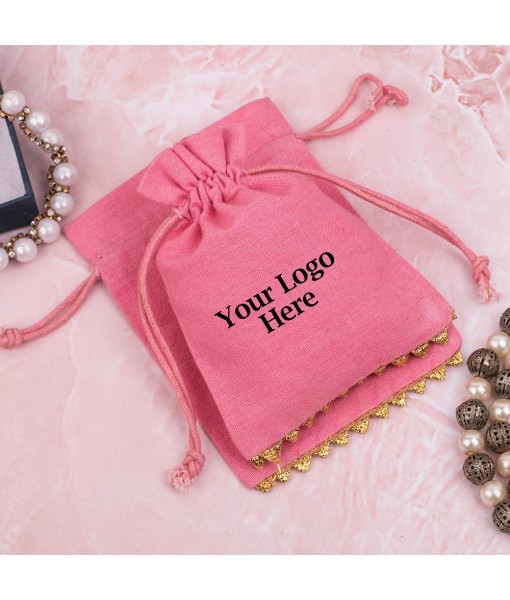 Antique Pink Designer Cotton Pouches & Bags For Packaging, Wedding Favor Bags With Brand Logo