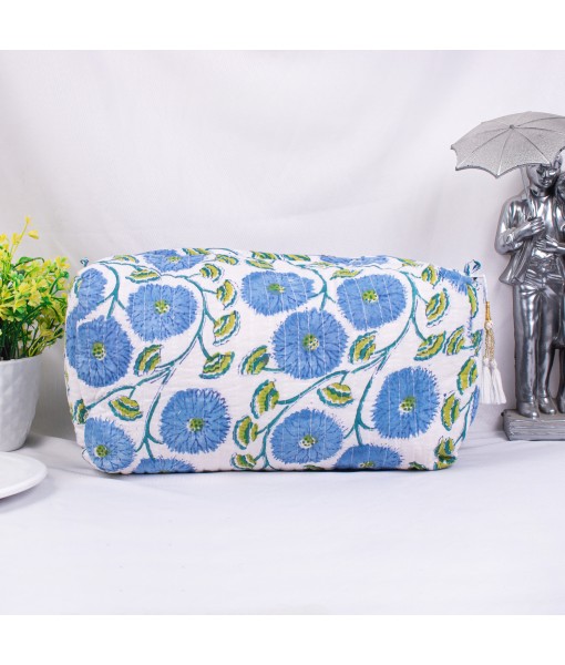 Block Print Cosmetic Bag, Makeup Pouch, Blue Floral, Stocking Filler - Tulinii