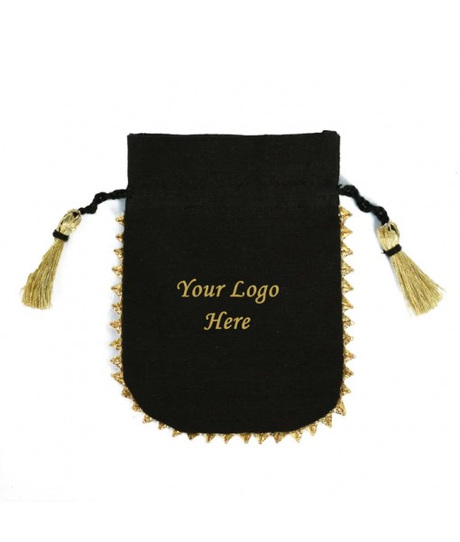 100 pcs Personalized Logo Small Drawstring Cotton Bottom Gold Lace Bags Black Jewellery Pouches - Tulinii