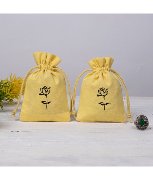 Pack of 100 Cotton Jewellery Yellow Pouches, Small Gift Packaging Bags Custom Pouches - Tulinii