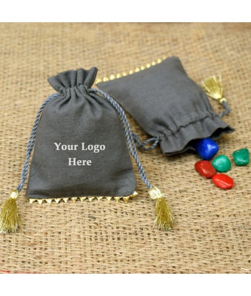 Personalized Logo Small Drawstring Cotton Bottom Gold Lace Bags Handmade Jewellery Grey Pouches - Tulinii