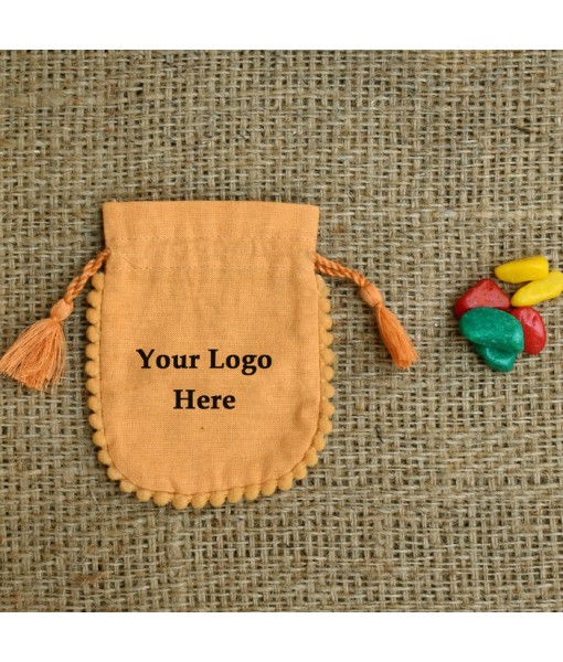Personalized Logo Small Drawstring Tassels Cotton Bags Round Pom Pom Handmade Jewelry Golden Pouches - Tulinii
