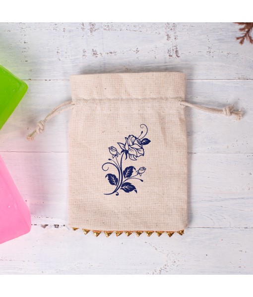 Pack of 100 Natural Cotton Custom Jewellery Packaging pouch, Designer Border Traditional Design - Tulinii