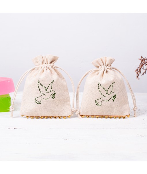 Pack of 100 Natural Cotton Custom Jewellery Packaging pouch, Designer Border Traditional Design - Tulinii